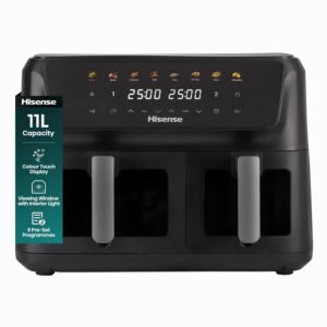 11L Dual Zone Air Fryer – 2700W Energy-Saving Colour Touch Display Cooker with 8 Cooking Functions – Fries, Steak, Chicken, Grill, Fish, Shrimps, Pizza, Dehydrate, Black