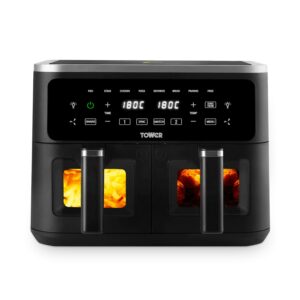 Vizion 9L Dual Basket Air Fryer with Digital Control Panel, 8 Cooking Pre-sets, Sync Function & Match Cook Function, Shake Reminder, 2400W, Black, T17177